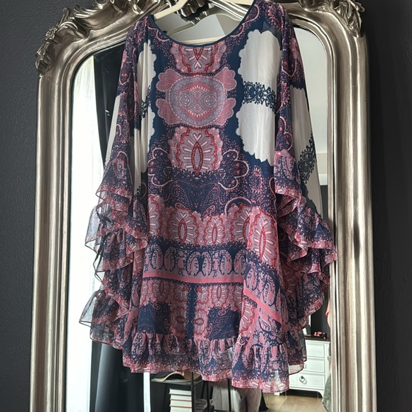 Free People Blue Pink White Mini Dolman Sleeve Flowy Dress S - Picture 2 of 5